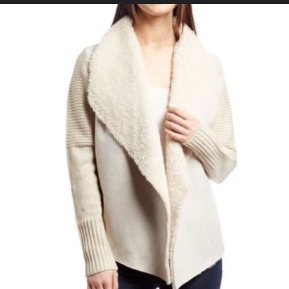 Chelsea & Theodore Sz M ivory‎ faux suede / faux fur mixed media knit cardigan M